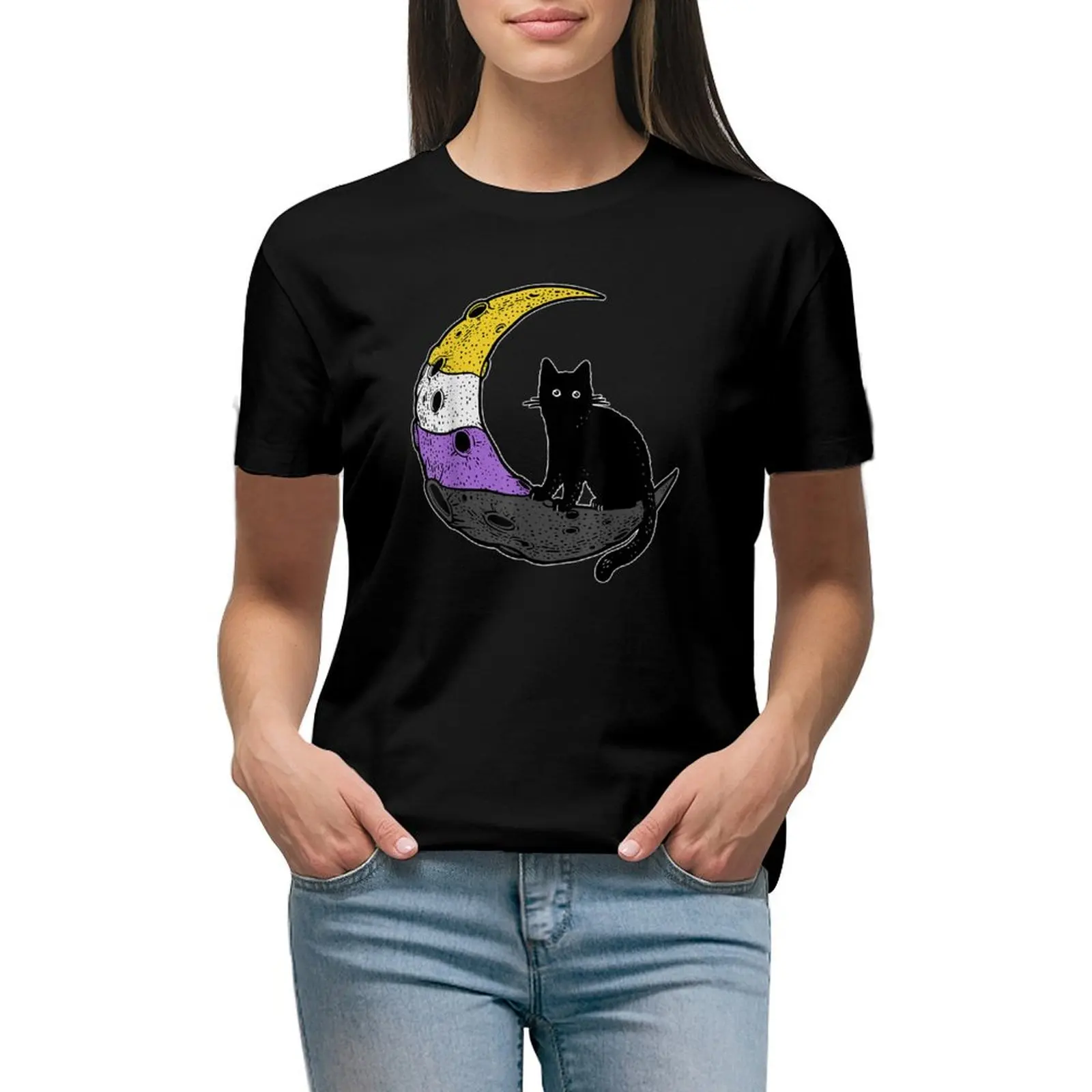 Nonbinary Moon Space Cat LGBT Pride with NB Non-Binary Flag T-shirt vintage clothes Blouse luxury designer clothing Women