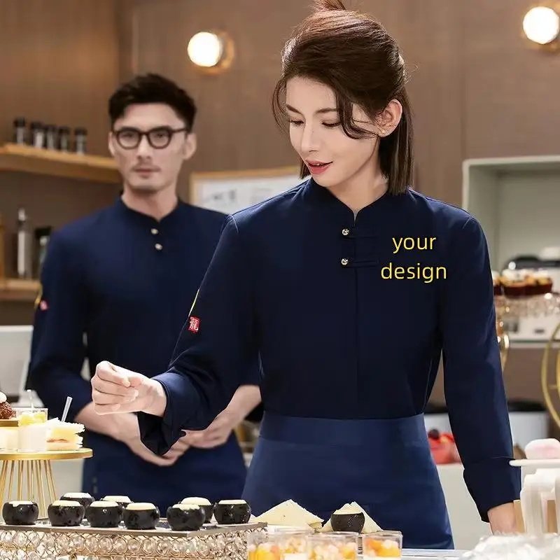 Chinese Style Buckle Chef's Work Clothes Men Awomen Chinese Restaurant Bakery Cake Shop Chef's Work Clothes Embroidered Printed