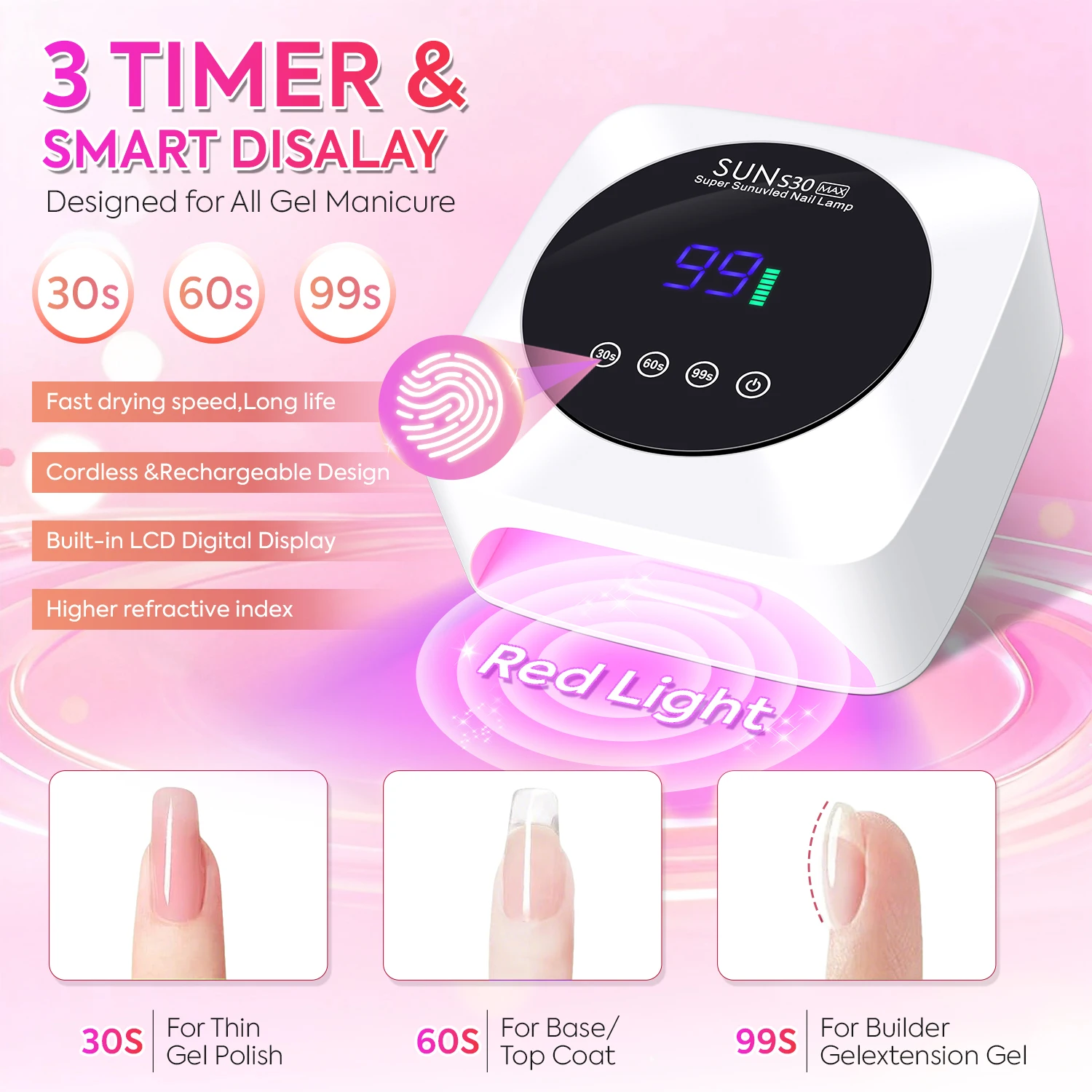 مصباح أظافر LED عالي الطاقة بالأشعة فوق البنفسجية مع إعدادات مؤقت ثلاثية وتصميم قابل لإعادة الشحن لعلاج الجل السريع في المنزل أو الصالون