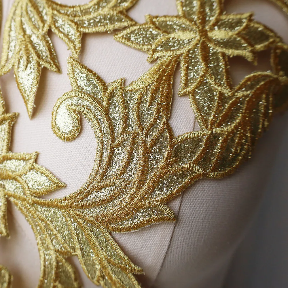 Gold Embroidery Sequin Shiny Flower Applique Collar Sew Iron Patch For Wedding Bridal Gown Party Dress DIY Clothes Decor Crafts