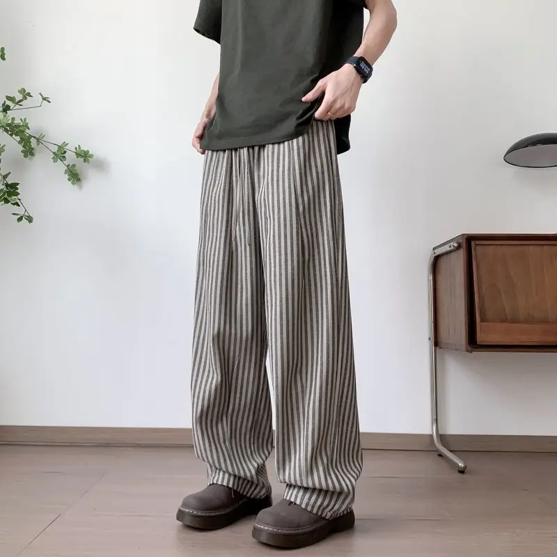 

American Casual Loose Vertical Stripes Men's Women's Summer Lazy Sle Drapey Straight Leg Pants Wide Leg Floor-Length Trousers