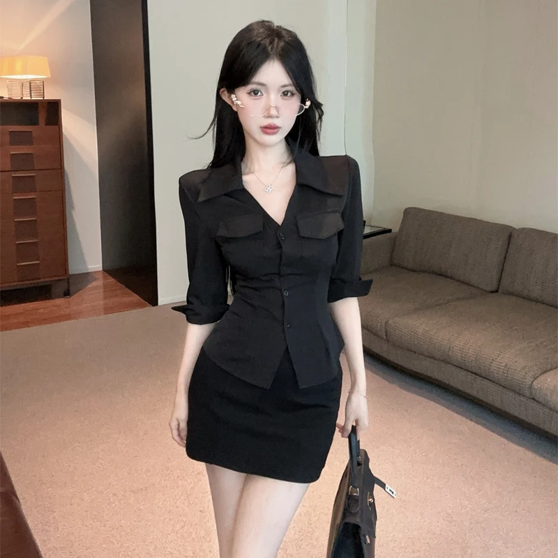 Black V-neck Mid-sleeve Shirt And Wraparound Skirt Two-piece Set Slimming Waist Effect Superior Sensation Sexy Chic Style