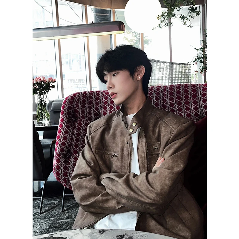 

Коричневая мужская мотоциклетная куртка с воротником-стойкой, осенне-зимняя, в американском ретро-стиле, с подплечниками, на молнии, повседневная