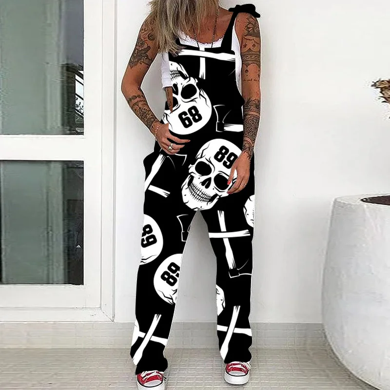 Summer New Women's Lace Up Skull Head Printed Female Pocket Splicing Jumpsuit Casual Sleeveless One-peice Pants Femme Rompers