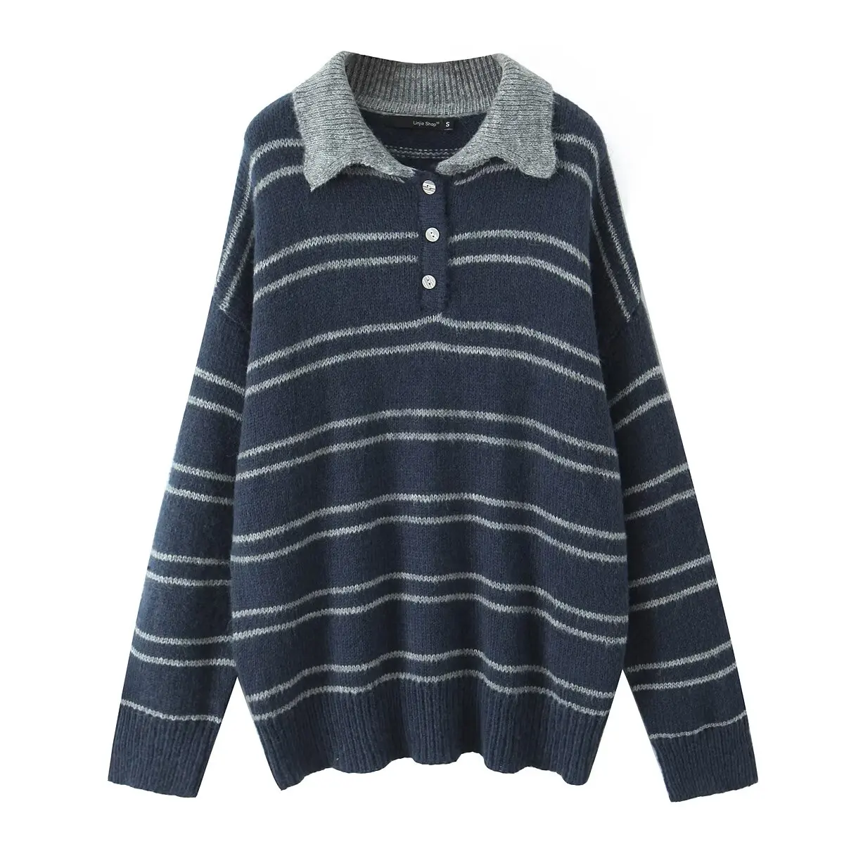 

American retro hot girl style color-blocking striped loose knit sweater off shoulder long sleeve polo collar sweater ins trendy