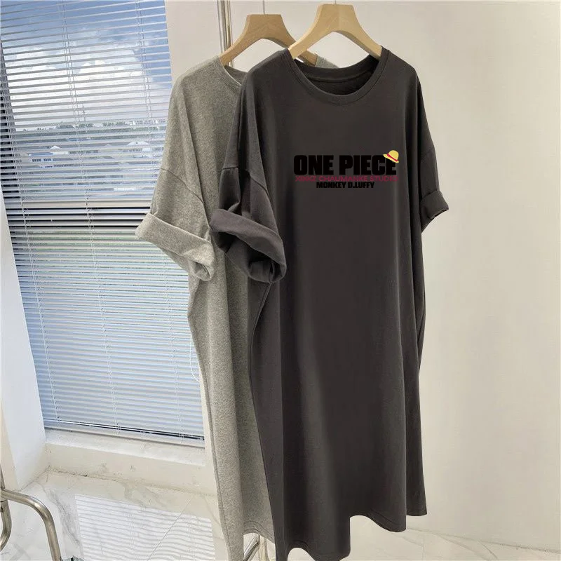 Women Clothing Fashion Basic Pullovers Dress, Summer Loose Casual Short Sleeve Dresses, Cartoon Printed Knee Length Tunic