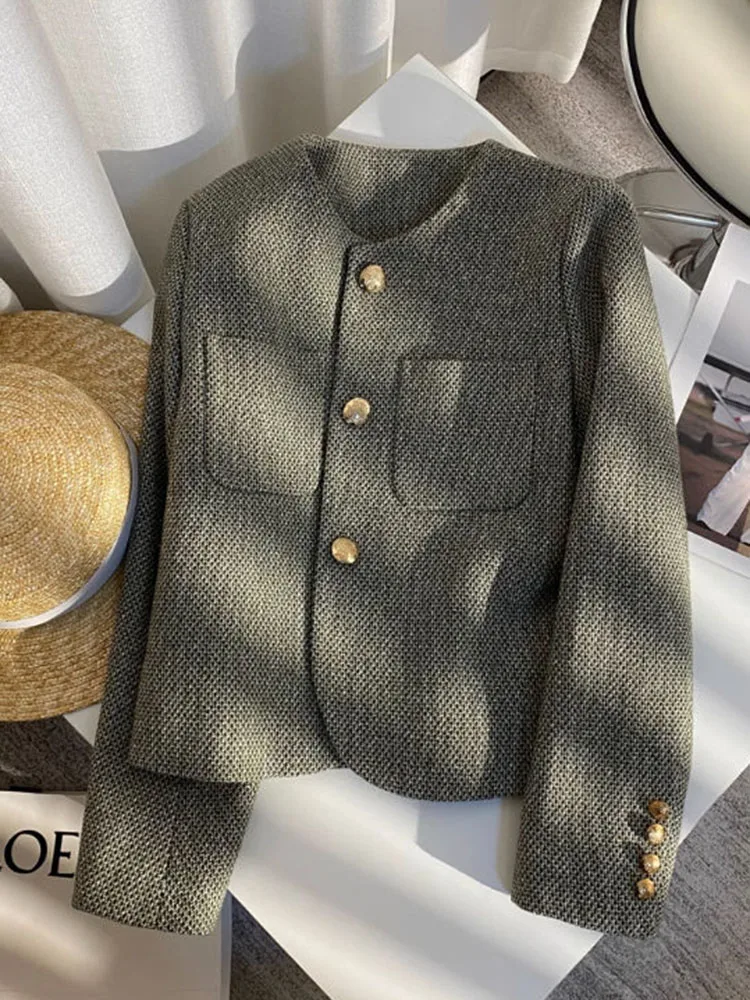 Jmprs Tweed Vintage Jackets Women Casual Long Sleeve Korean Coat Retro O Neck Pockets Single Breasted Female Elegant Outwear Top