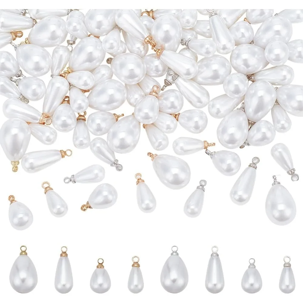 

64pcs Teardrop Pearl Pendants 8 Style Pearl Pendant Connectors Oval Pearl Beads White Imitation Pearl Pendants with Metal Hoop