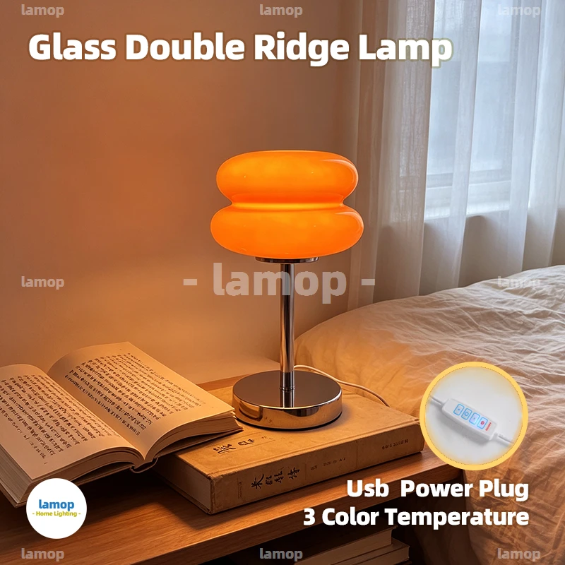 Murano Glass Double Ridge Stack Table Lamp Orange Tone Chrome Thin Pole Base 3 Tone Soft Light Wood Bedroom Nightstand Decor