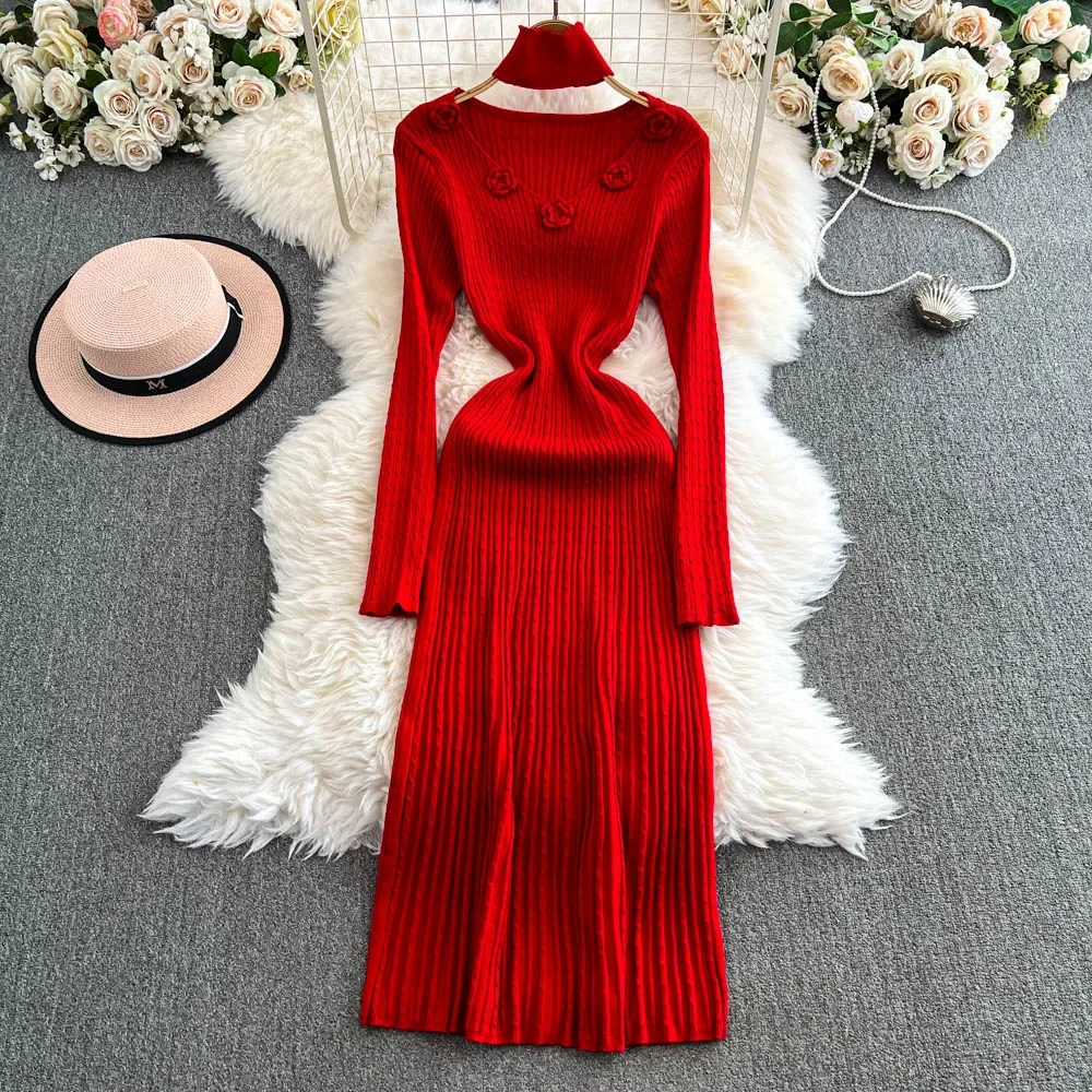 Elegant V-neck Vintage Long Sleeves Chic 3D Flower Slim Knitted Dresses French Evening Women High Street Autumn Winter Clothing