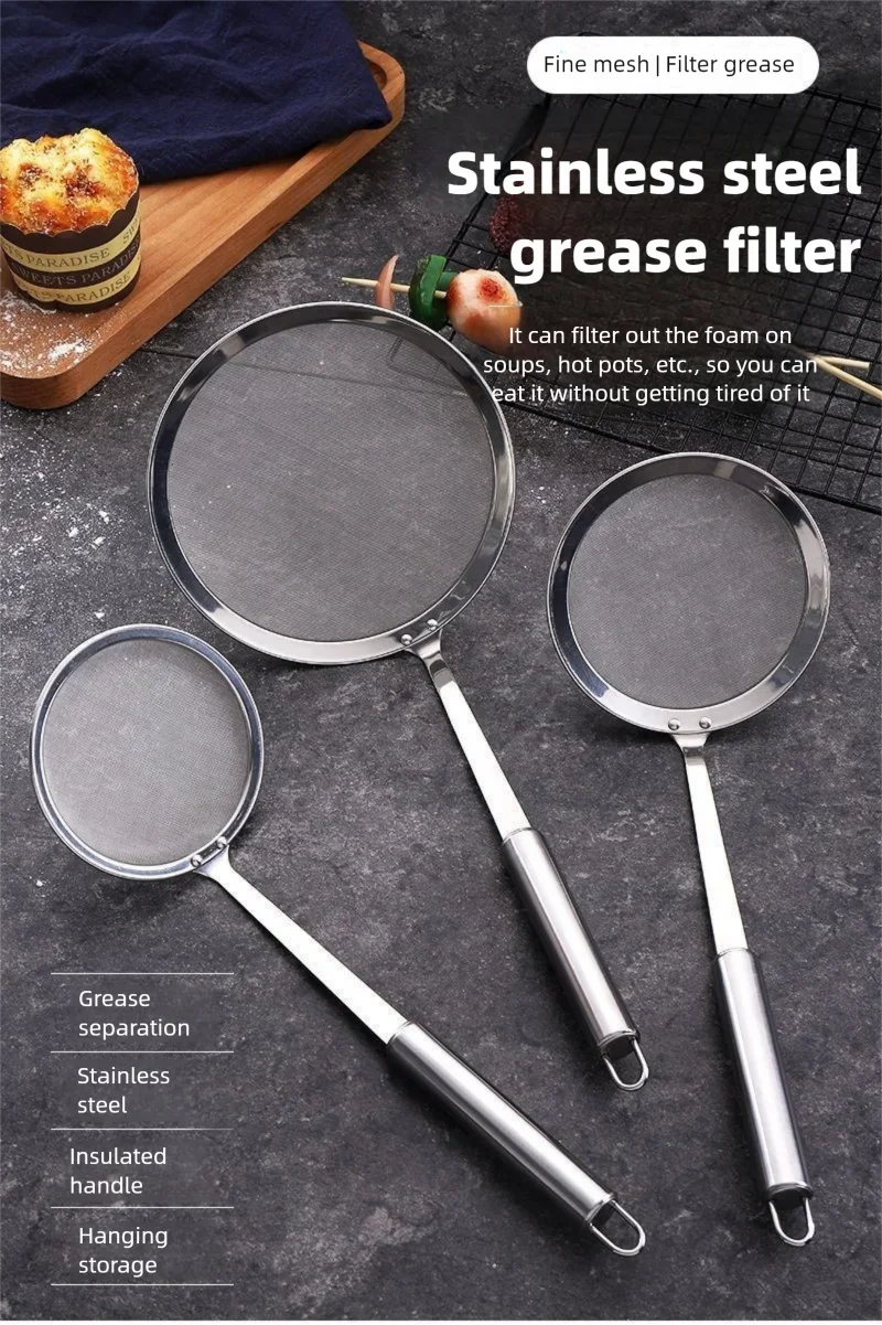 Filter Scoop Edelstahl Fettskimmer Löffel Feinmaschiges Sieb Lebensmittelsieb mit Griff Küche Ölskimmer Sieb – Detail 20