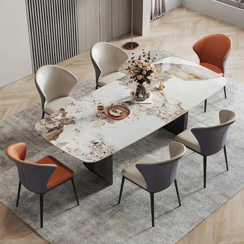 Moderner, einfacher Esstisch aus Pandora-Schiefer, rechteckige lange Esszimmermöbel aus Edelstahl