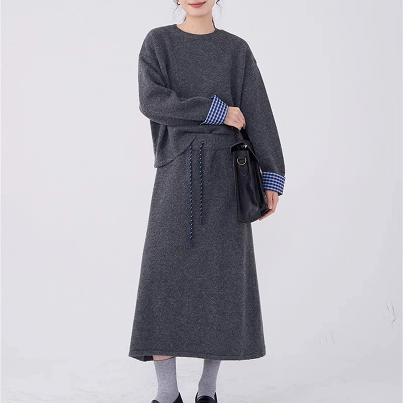 Anti-envelhecimento outono inverno coreano sle conjunto de camisola de malha feminina com punhos emendados casual solto ajuste saia conjunto de duas peças