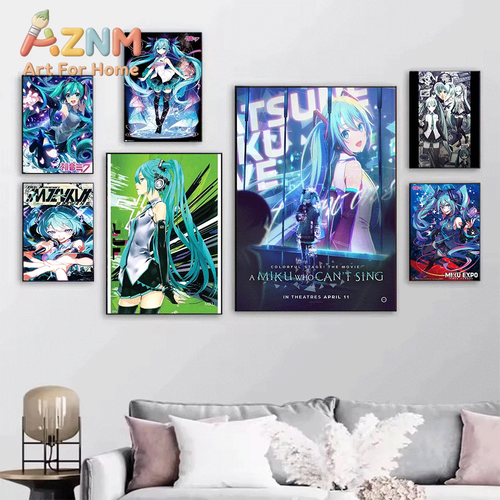 AZNM Hatsune Miku Cyber Style Canvas Painting, Frameless Canvas Wall Art, Virtual Singer Anime Wall Painting for Bedroom Livin