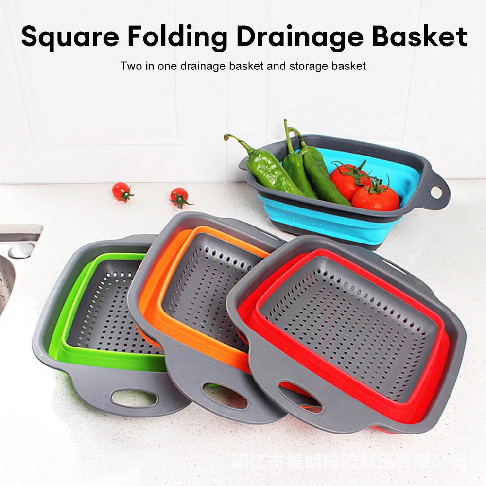 Folding Silicone Drain Basket Square Vegetable Kitchen Washing Drain Basket Collapsible Kitchen Strainer Fruit Cleaning Basin