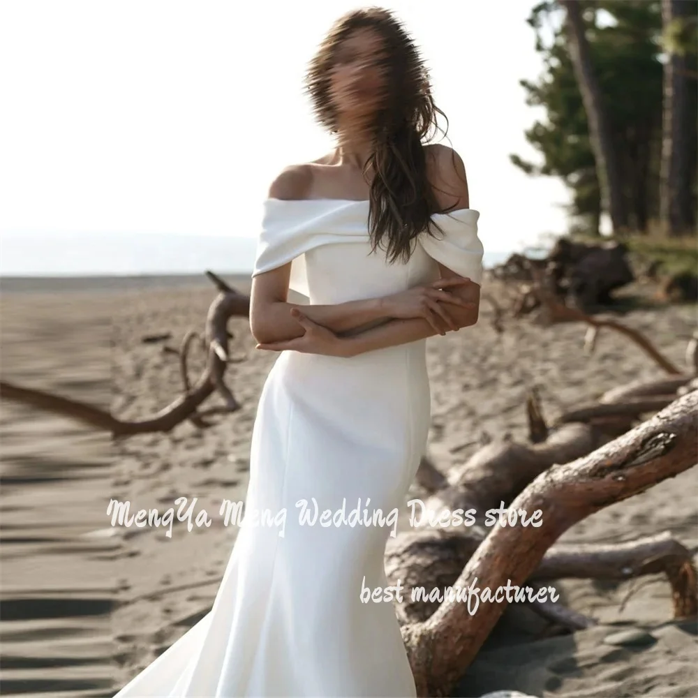فستان زفاف بسيط للشاطئ كاجوال بدون ظهر مكشوف الأكتاف من الساتان الناعم حورية البحر للنساء بطول الأرض ذيل محكمة فستان زفاف مخصص #3