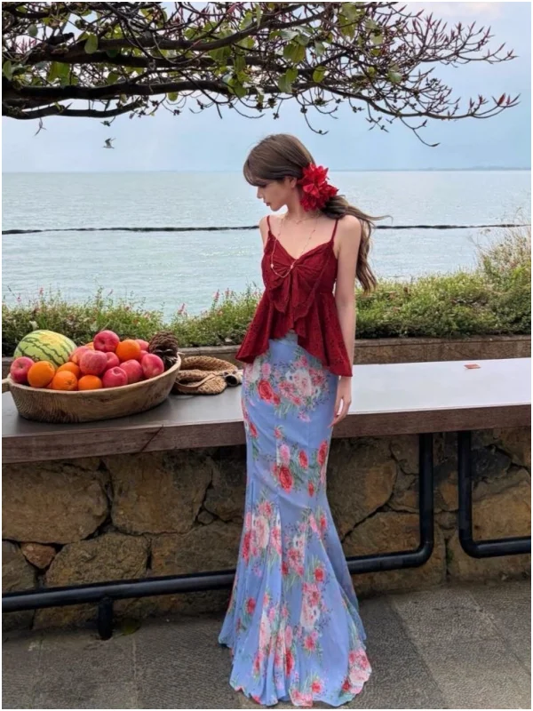 

Pure Desire Sexy Girl Holiday Bright Red String Top Print Fish Tail Skirt Two Piece Set Women's Fashion Summer Spring Outfit