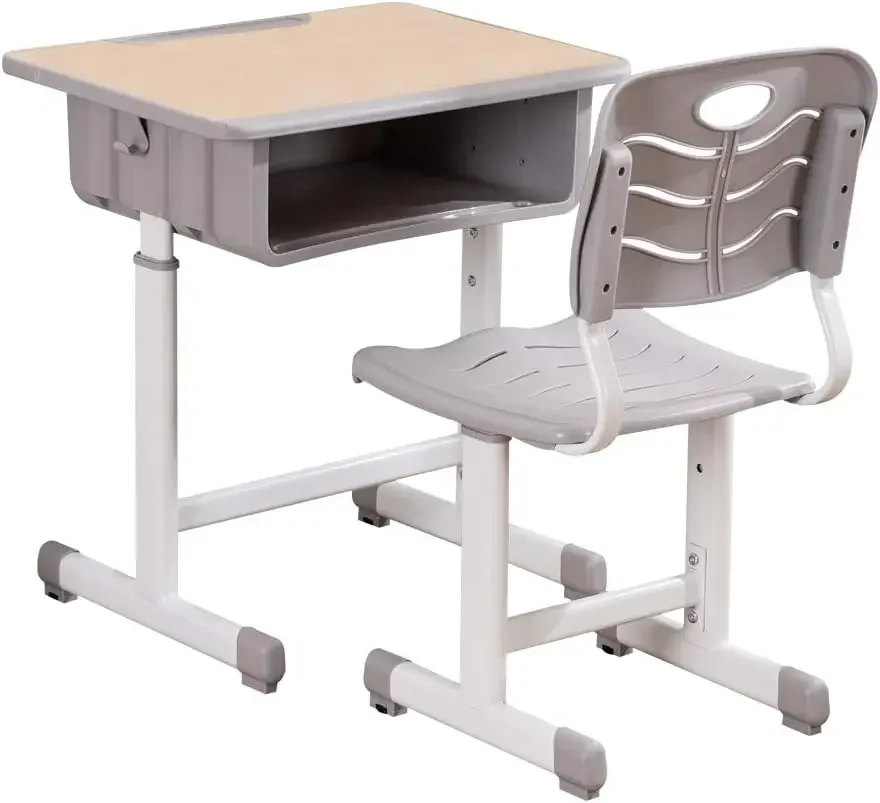 Student Desk and Chair Combo, Height Adjustable Children's Desk and Chair Workstation with Drawer, Pencil Grooves and Hanging