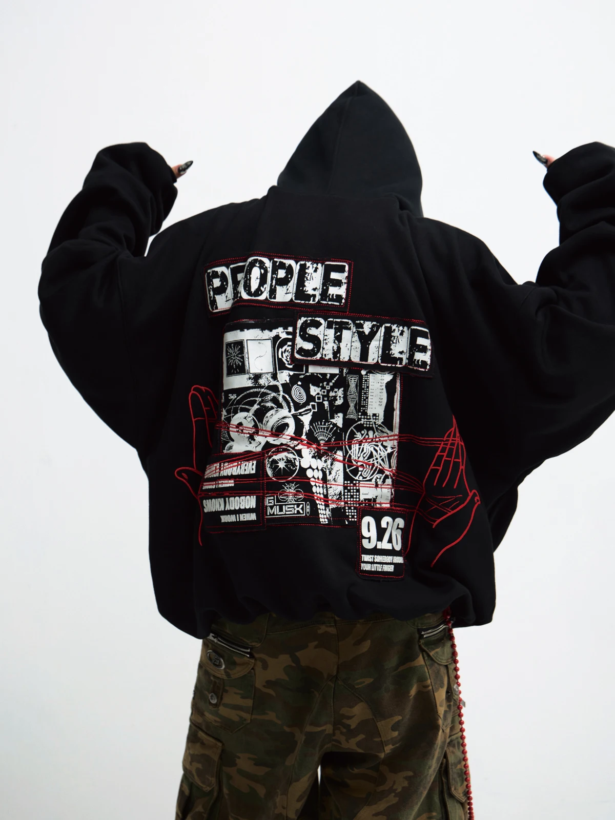 PeopleSle Retro Slish Embroider Black Hoodie Genderless Loose Cotton Padded Jacket Hoodie Coat