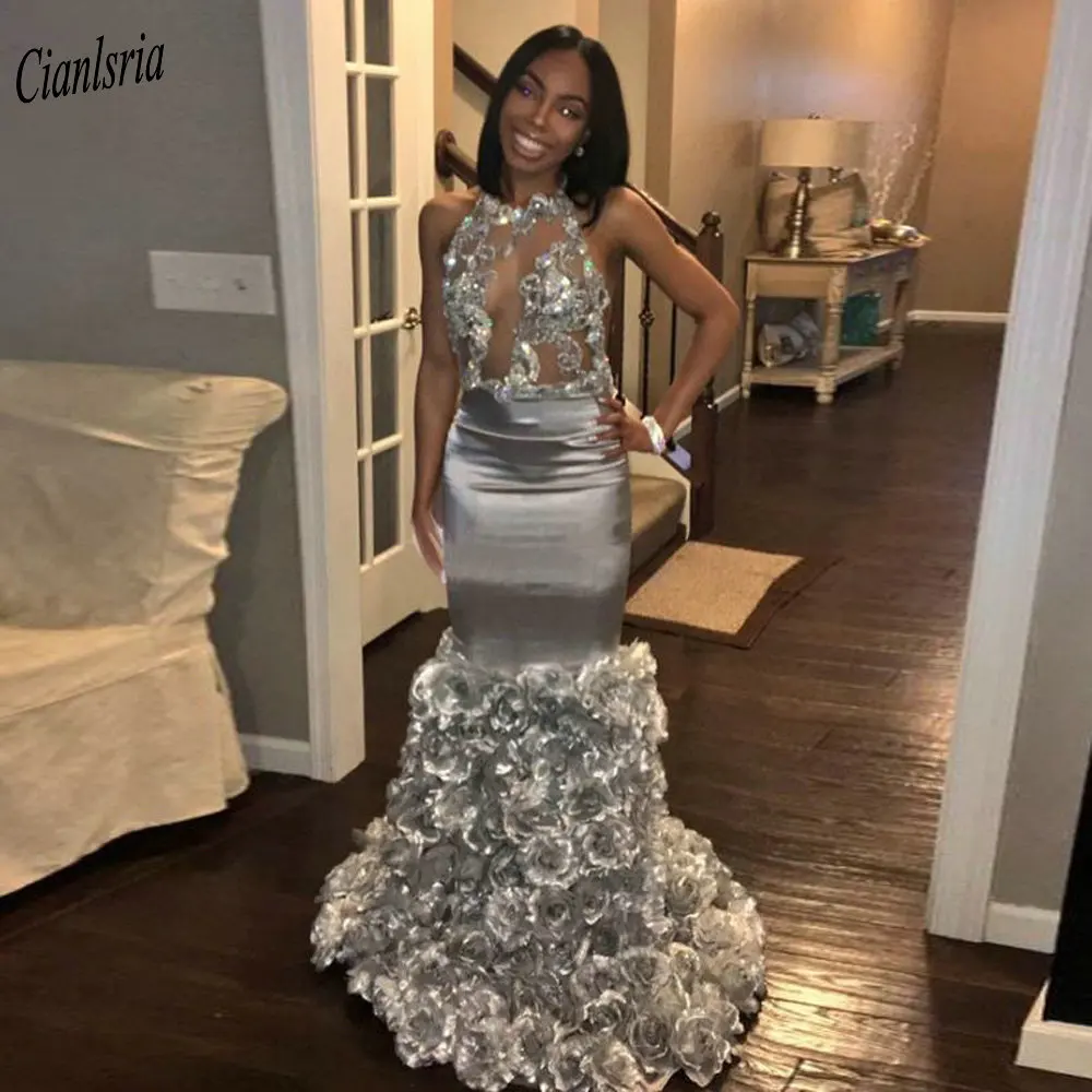 

Серебряный Холтер с открытой спиной Иллюзионное длинное вечернее платье русалки без рукавов с блестками и аппликациями с цветами Вечернее платье