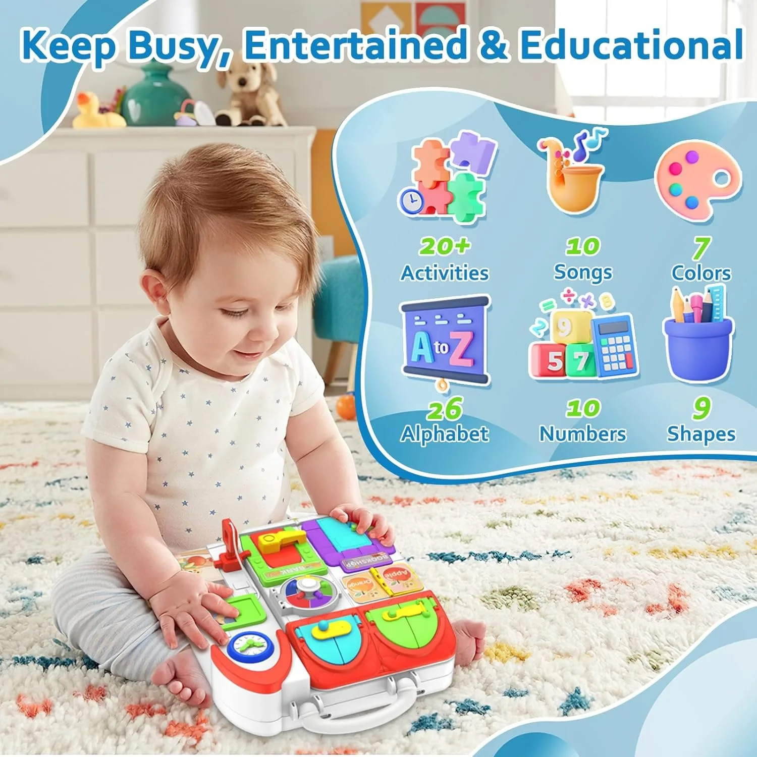 Toddler Toys Musical Montessori Busy Board Early Educational Toy for Toddlers 1-3 Motor Skills Developmental Toy for Boy Girl