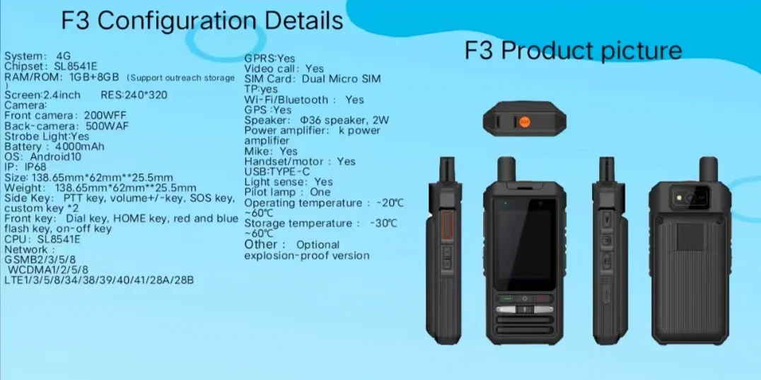 F3 4g Poc Lte Global Network Video Communication Call Interphone Camera WiFi Bluetooth Gps Ip68 Waterproof Radio Walkie Talkie