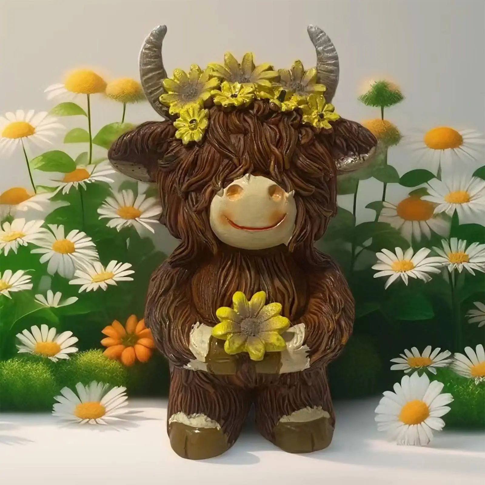 Brown Highland Cow Statue Resin Animal Figurine Desktop Shelf Decor Scottish Sculpture Cute Centerpiece for Home Art