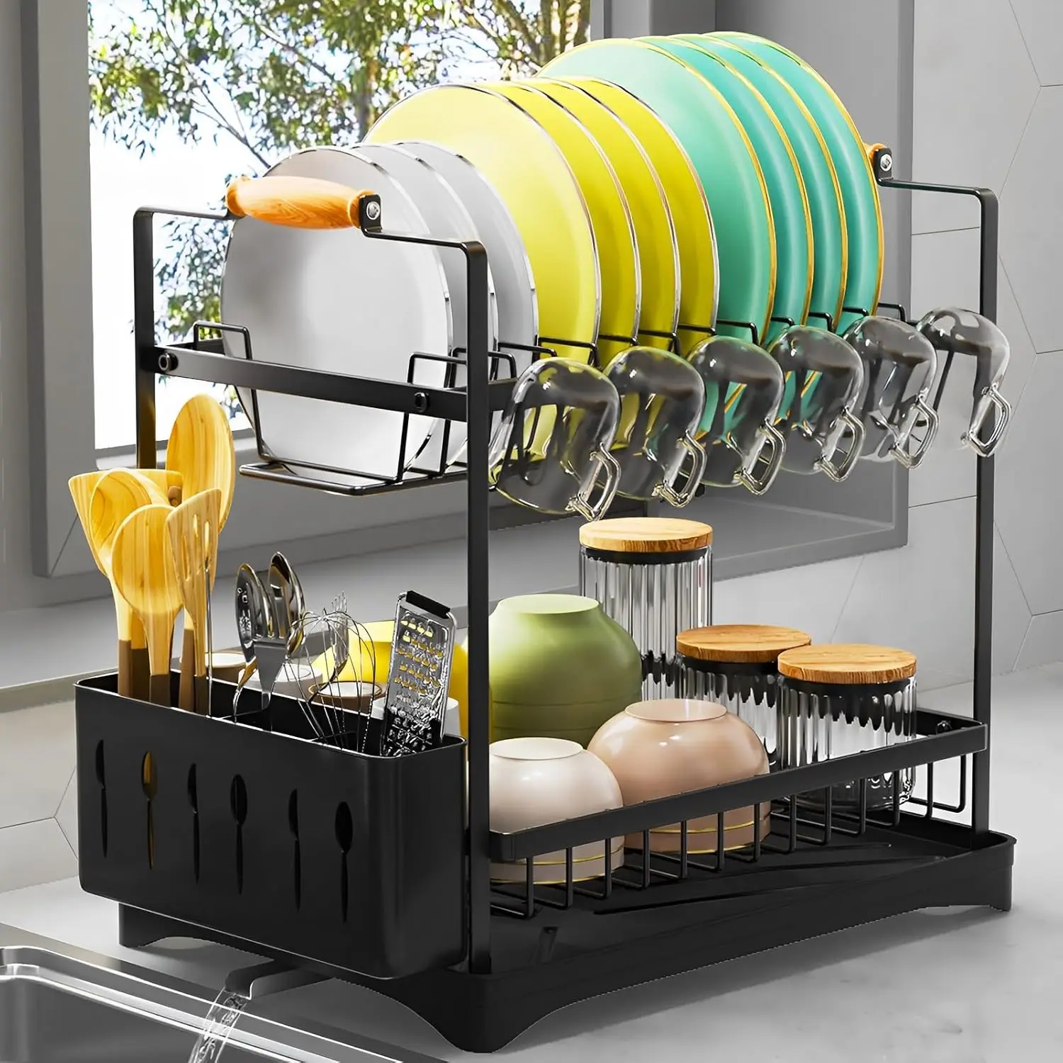 

2-Tier Black Dish Drying Rack with Drainboard & Cutlery Holder, 16.54' x 11.81' x 17.71'