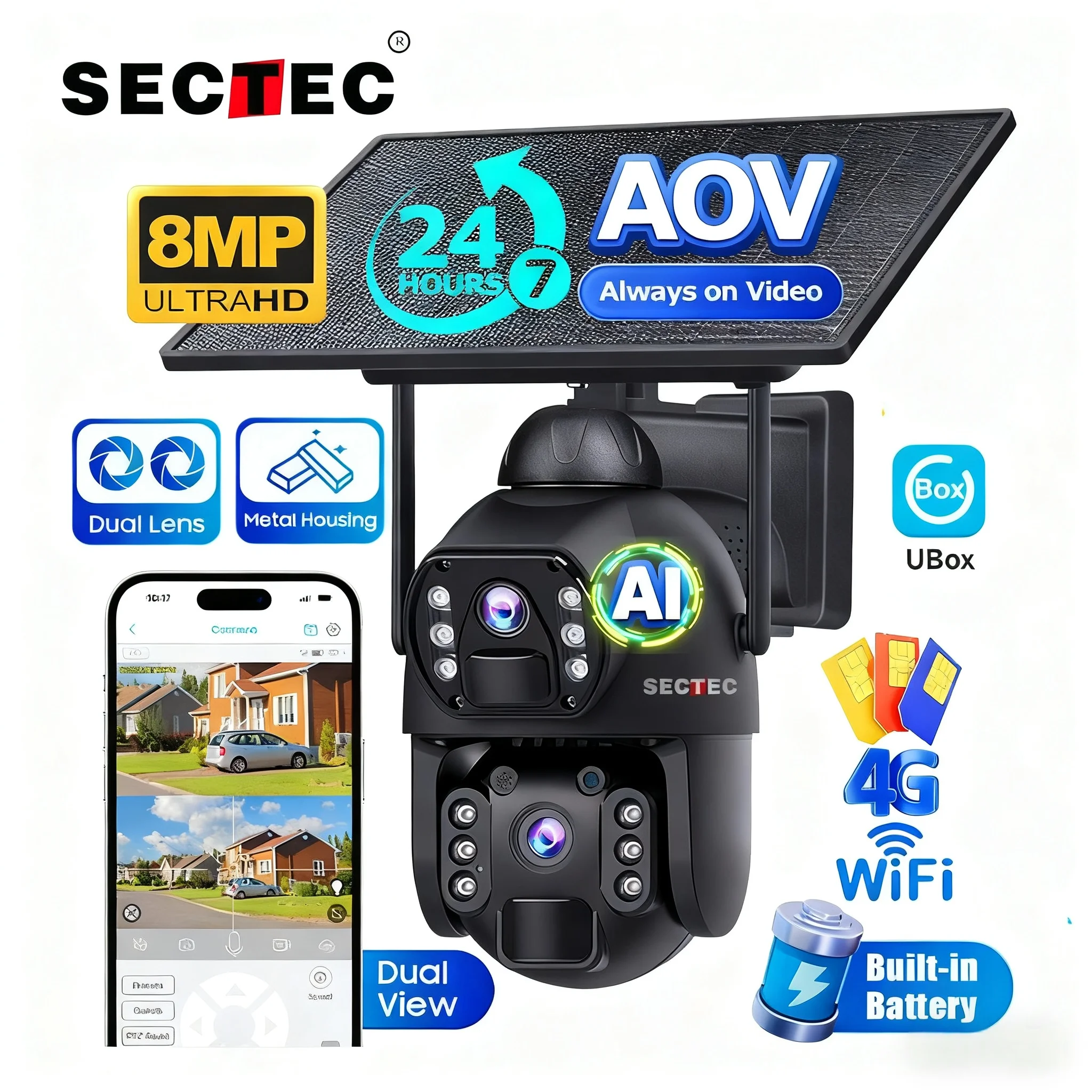 AOV 24/7 Recording 4G Solar Camera 8MP Wireless WiFi Camera Auto Monitoring Metal Case 10W Solar panel + 20100mAh battery IP66