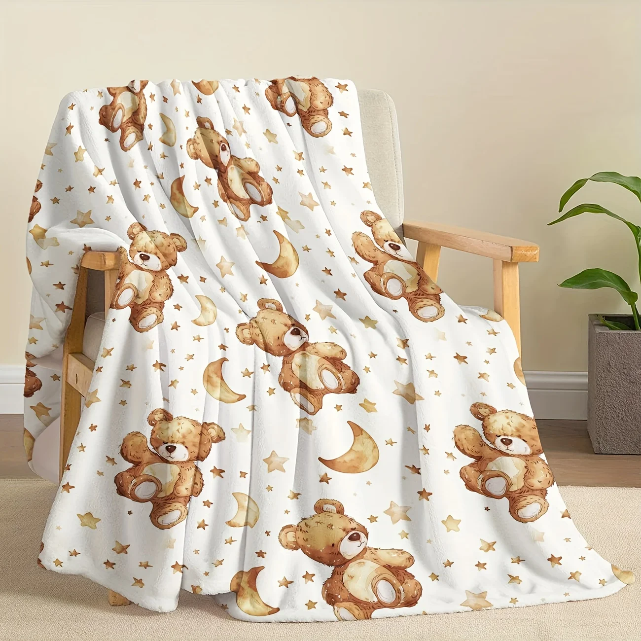 1pc Teddy Bear Moon Star Watercolor Print Flannel Blanket - Soft Warm All-Season Home Decor, Camping Travel Office Essential, Pe