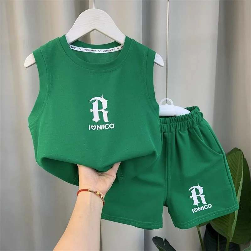 Boys Casual Set Summer Kids Trends Letter Suit Sleeveless Costume Children T-Shirt+Shorts Two Pieces 2024 New O-Neck Outfits