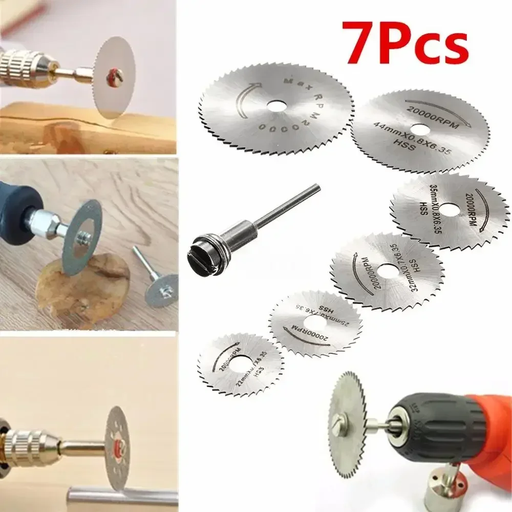 7pc Metal Circular Saw Disc Wheel Blades Shank High Speed Steel Mini Saw Blades with Mandrels Drill Warehouse Rotary Wood Cutout
