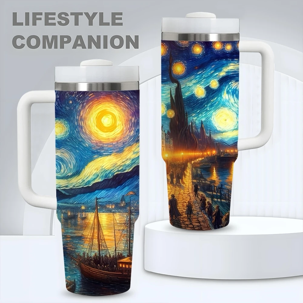 Oil Painting Beautiful Starry Sky Vacuum Flasks 40oz Stainless Steel Vacuum Insulated Tumbler with Straw Leak Resistant Mug