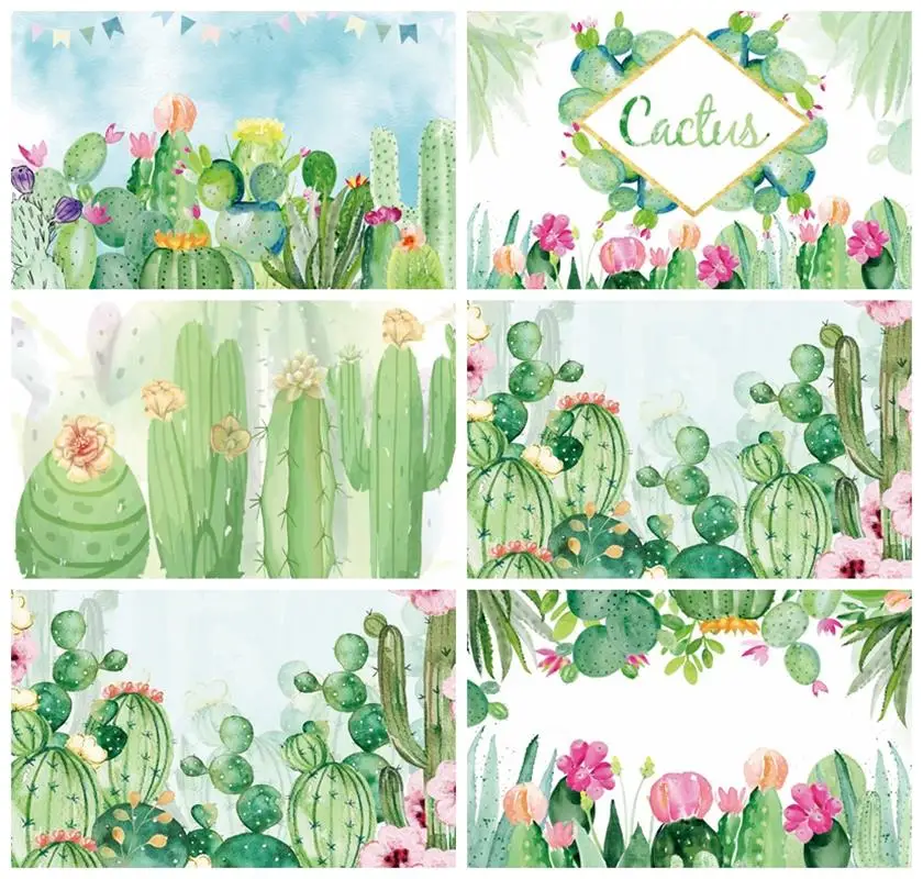 Laeacco Watercolor Cactus Floral Backdrop Desert Plants Botanical Mexican Fiesta Baby Shower Kid Portrait Photography Background