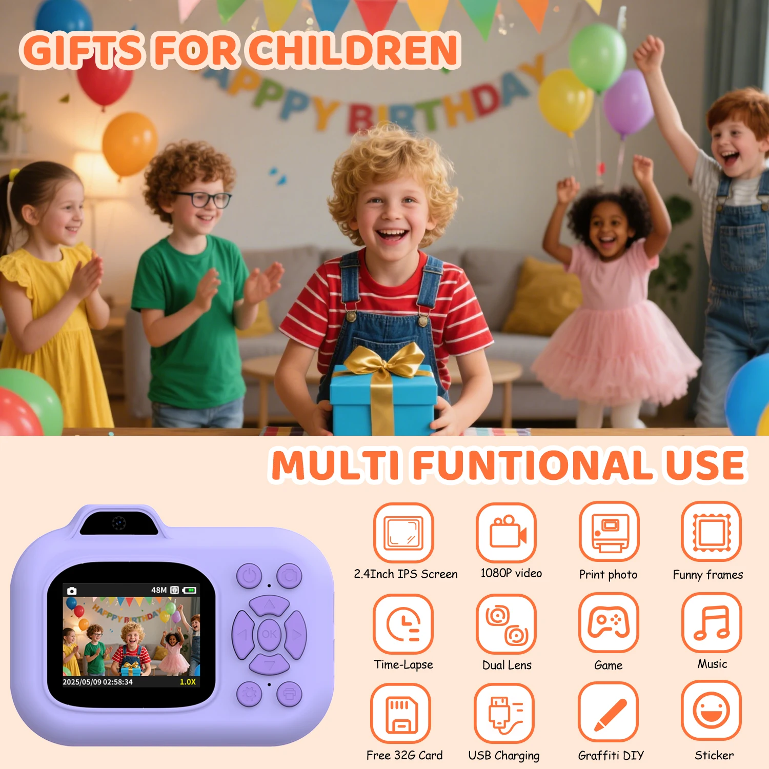 Children Instant Print Camera Dual Lens 1080P HD Video Record Photo Thermal Print Digital Camera 32G Christmas Gifts Toys