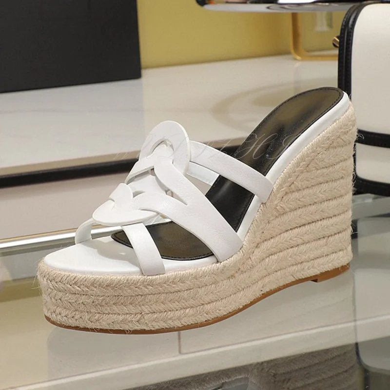 Ciemnobrązowe miękkie skórzane sandały na koturnie damskie espadryle na platformie wysokie obcasy czarne złote Casual Crossover Hollow damskie buty