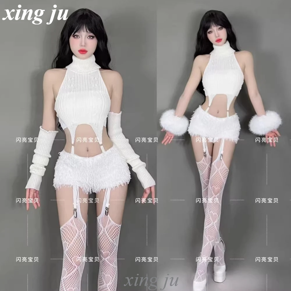 

Костюм для танцев Xing Ju Singer Group Kpop: белый топ с высоким воротом, сексуальные плюшевые шорты, для танцев, ночных клубов, выступлений диджеев
