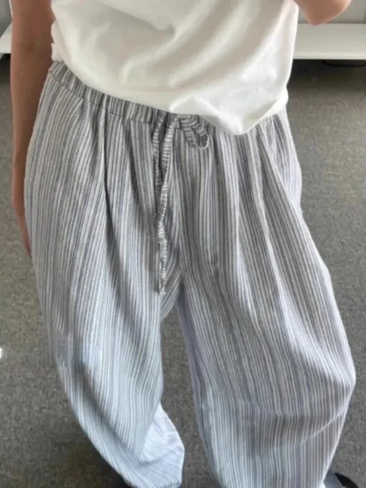 

Корейские уличные брюки, модные повседневные широкие брюки на шнурке, женские винтажные брюки 2000-х годов Y2k, спортивные полосатые летние свободные брюки большого размера