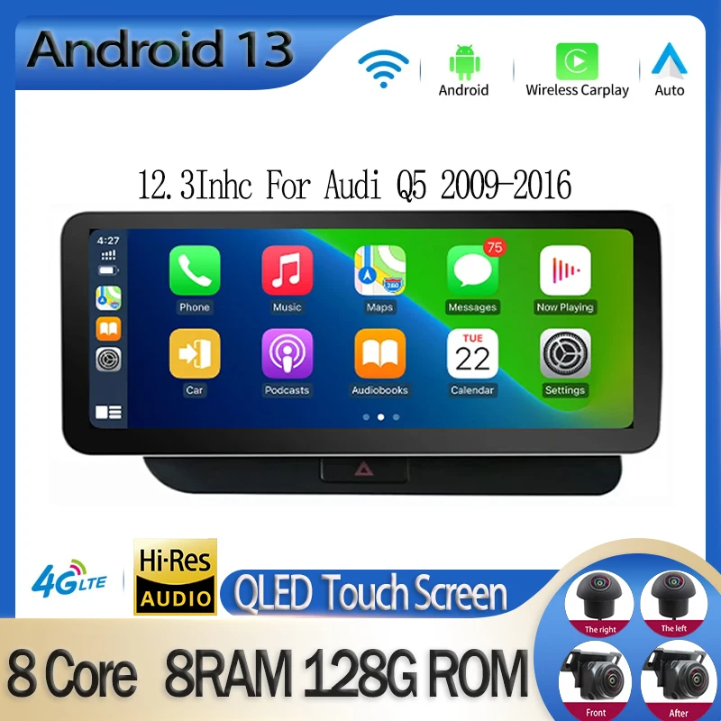 

12.3 Inch Screen Android 13 Car Radio For Audi Q5 2009-2016 Multimedia Video Player WIFI 4G BT GPS Navi Carplay Auto 360 Camera