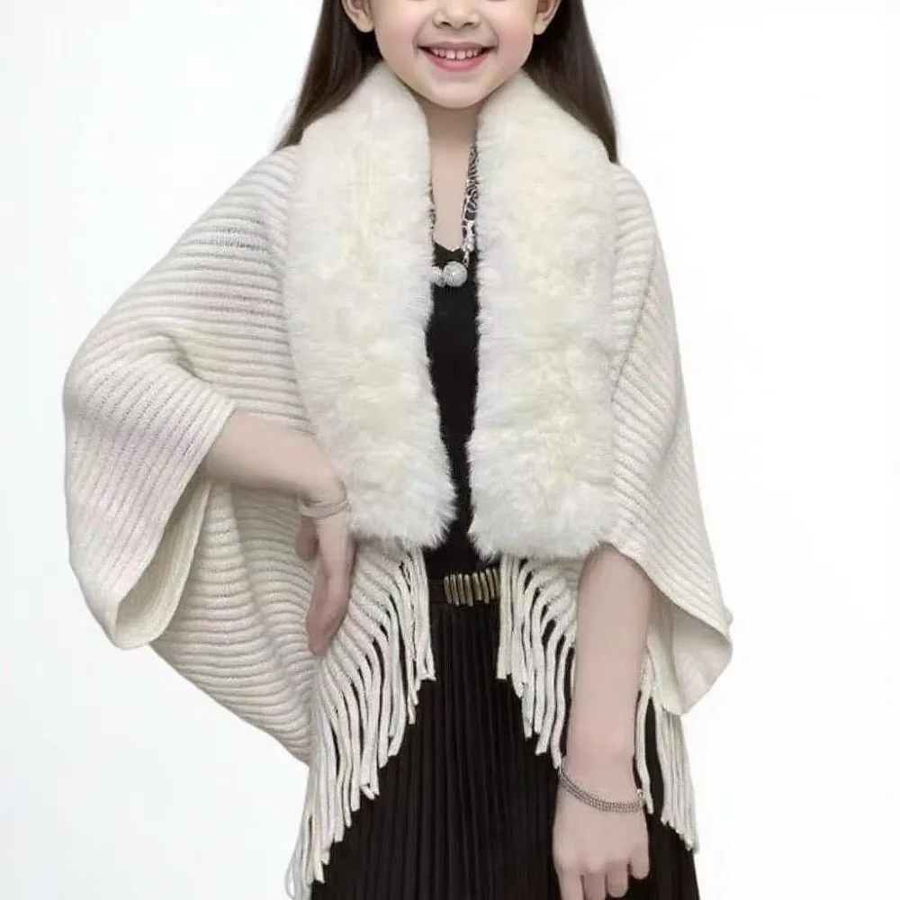 

Faux Fur Collar ' Mongolian Poncho Winter Warm Ethnic Style Cardigan Tassel Shawl Artificial Wool Striped Plush Knitting Wraps