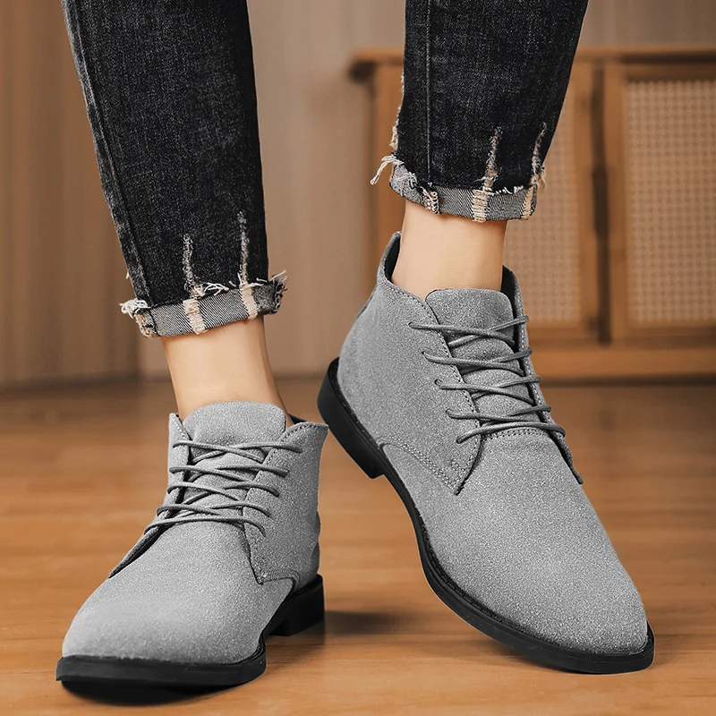 Casual shoes man Fashion Men Ankle Chelsea Boots lace up Male Shoes mid top Suede Leather Slip On Motorcycle Man Boots