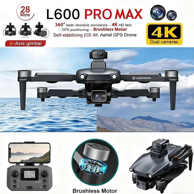 HOT-4K Профессиональная HD двойная камера Новый L600 PRO MAX GPS Дрон 5 км 3-осевой подвес 360 Предотвращение препятствий Бесщеточный квадрокоптер Игрушка