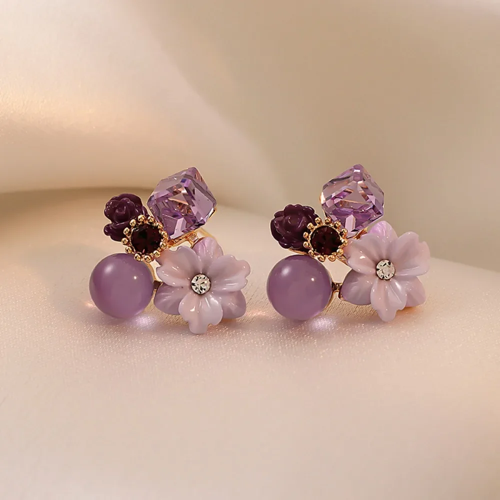 FSUNION New Purple Crystal Flower Stud Earrings for Woman Korean Fashion Jewelry Wedding Party Girl Elegance Set Accessories