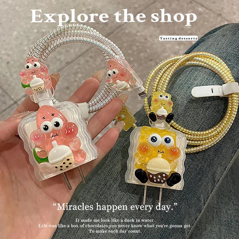 

5pcs/set Cute Cartoon SpongeBobCharging Data Cable Protector for IPhone 18/20w Charger Protective Cover Winder Accessories