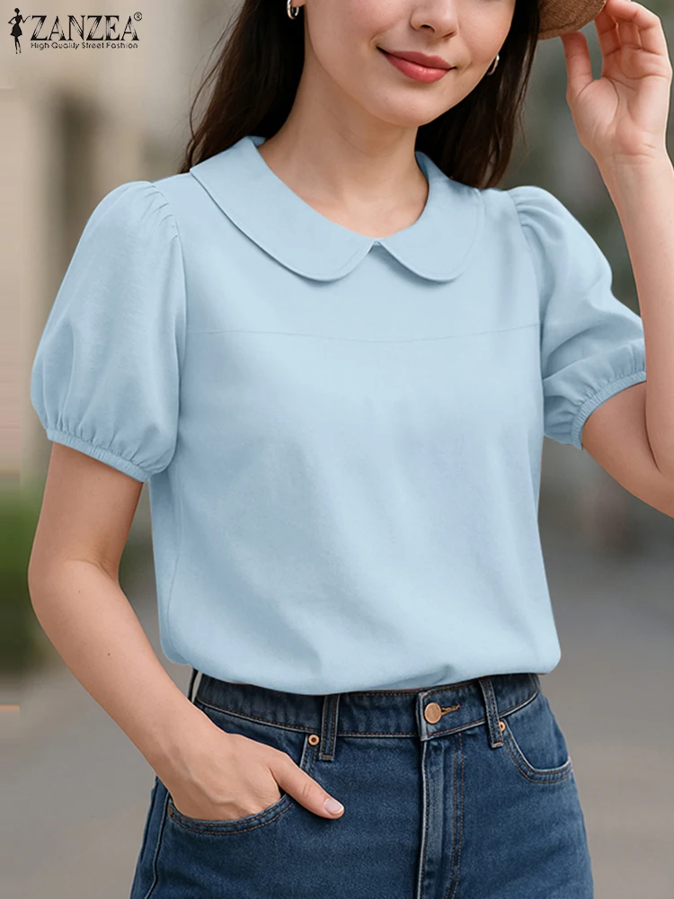 

ZANZEA Womens Korean Fashion Blouses Elegant Peter-Pan Collar Short Puff Sleeve Blusas Mujer Day Wear Commuting Solid Tunic Tops