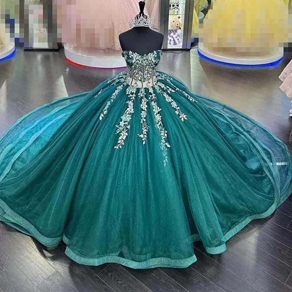 2023 Exquisite Green Princess Quinceanera Dresses with Flowers Appliques Lace-Up Sweet 16 Dress Vestido De 15 Anos