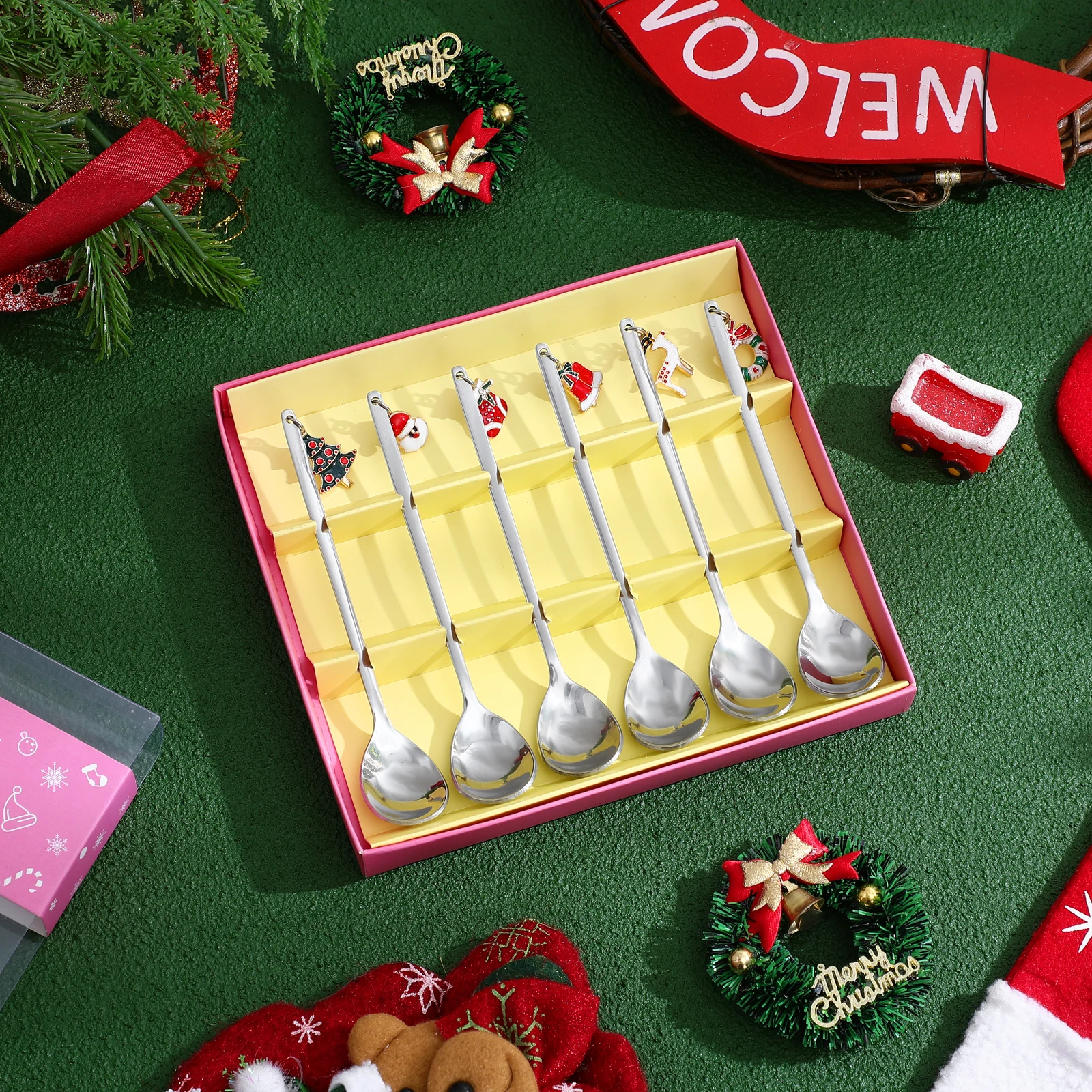 

6 шт. кофейные ложки из нержавеющей стали, рождественский кулон, десертная ложка, чайная ложка для перемешивания для праздничной вечеринки, кофейные ложки