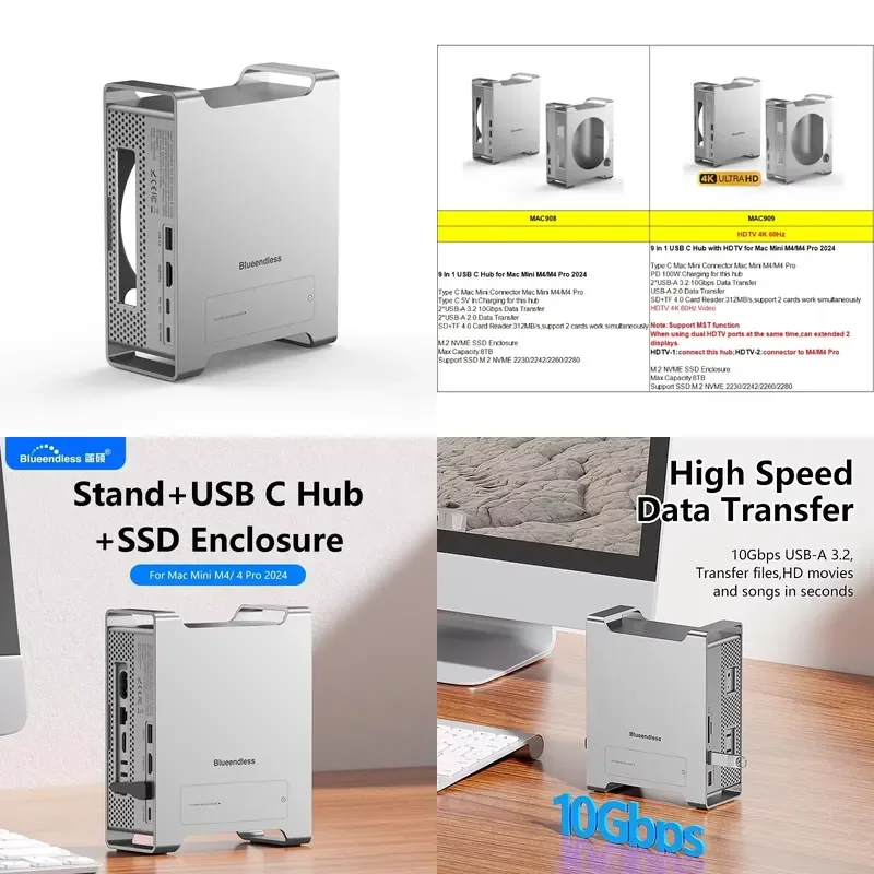 AP01 for Mini M4 Stand Hub Dock USB C Docking Station 10Gbps USB 3.2 USB 2.0 SD TF M.2 NVME Enclosure Case Aluminium