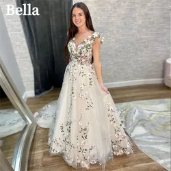 Bella Princess Flower Lace Tulle Prom Dresses Customized Embroidery A-line Evening Dress Light Champagne Vestidos De Fiesta