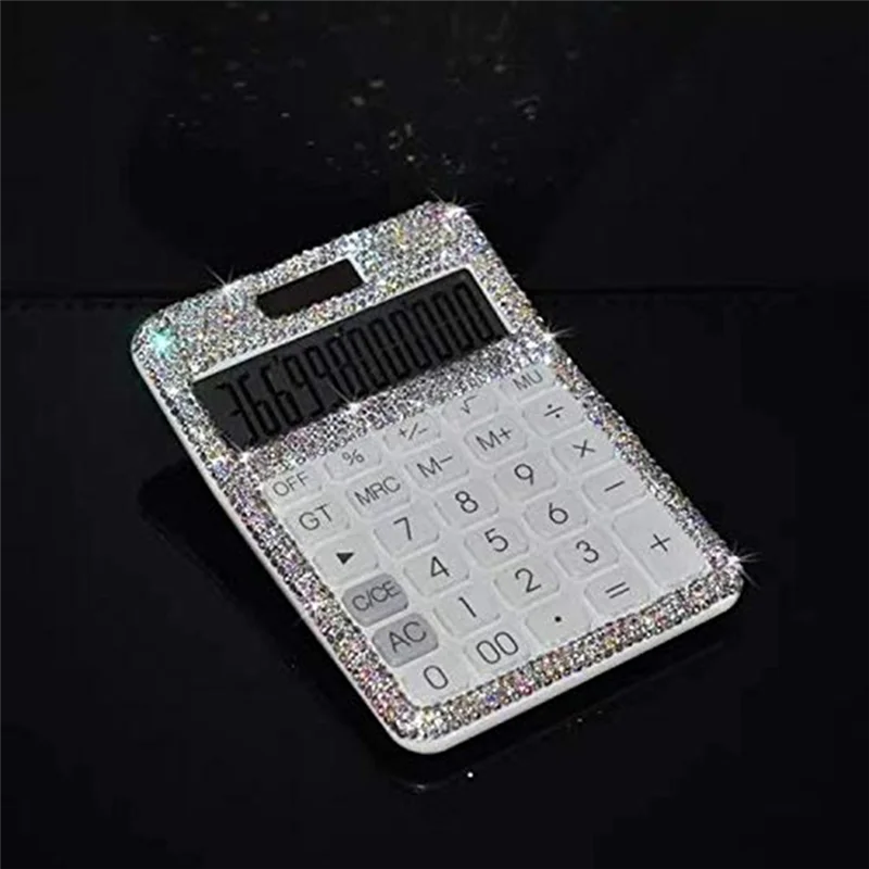 Rhinestone Crystal Dazzling 12 Digit Solar and Battery Dual Power ,LCD Display Calculator for Office, School White